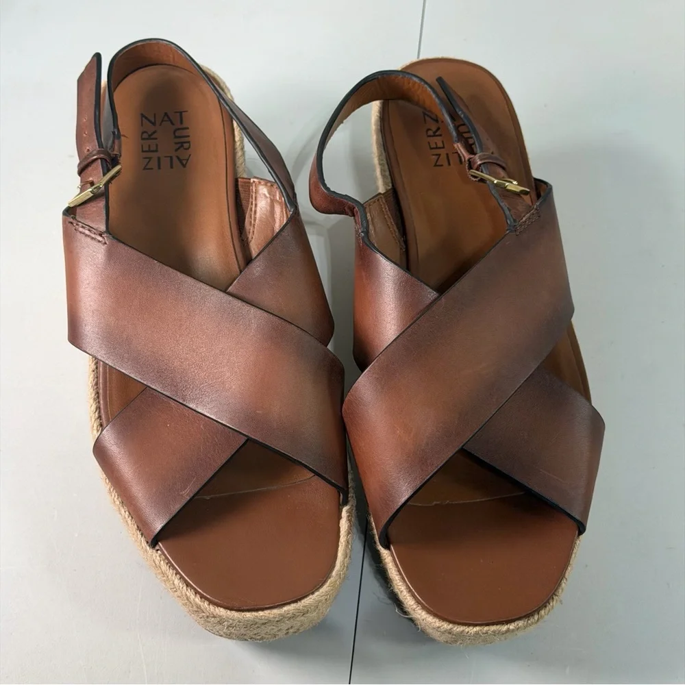 Naturalizer Oak Espadrille Wedge Sandal Brown Leather Crossover Strap Women’s 11